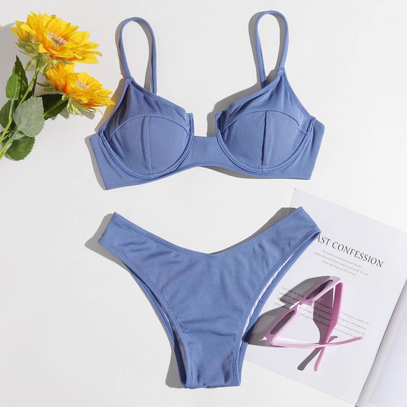 

Solid Push Up High Cut Bikini Swimsuit, Blue