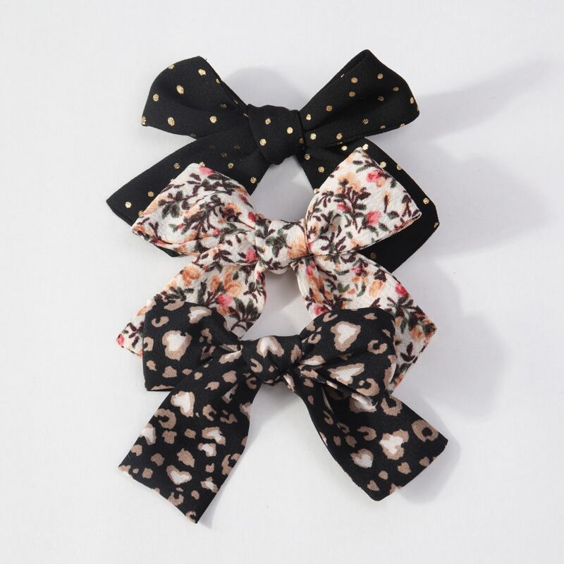 

3pcs Flower Print Bow Decor Hair Clip, Multicolor