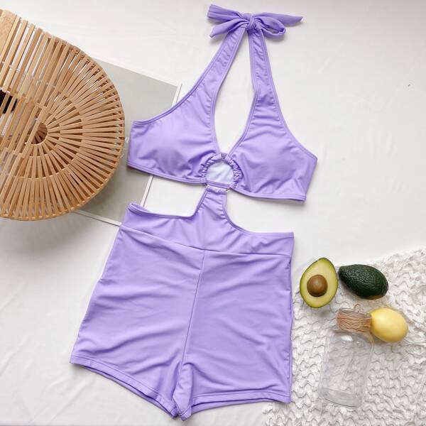 

Ring Linked Cut Out Halter One Piece Swimsuit, Purple