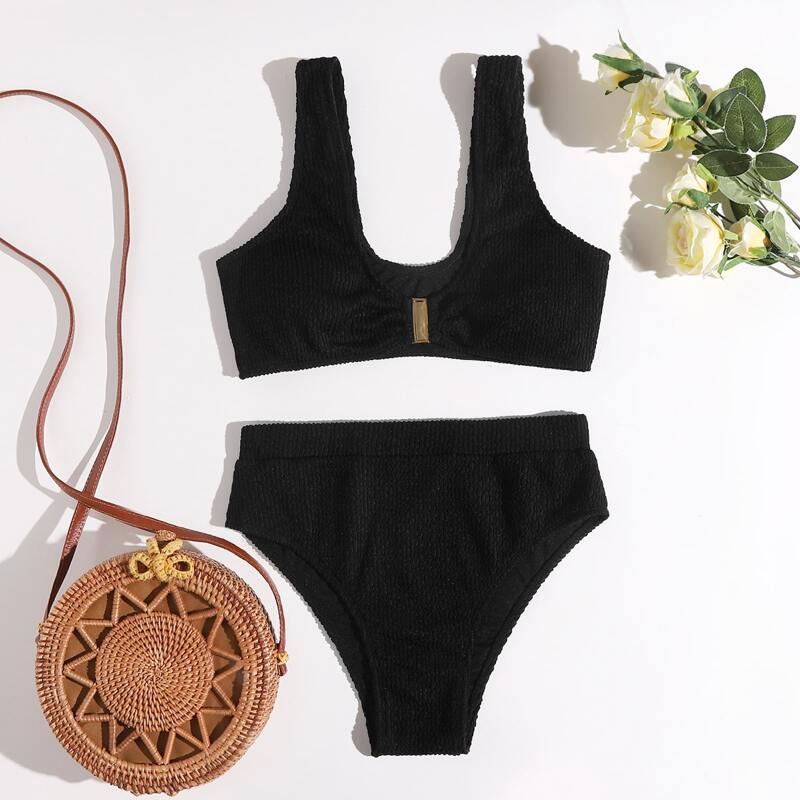 

Solid Knot Front Bikini Swimsuit, Black