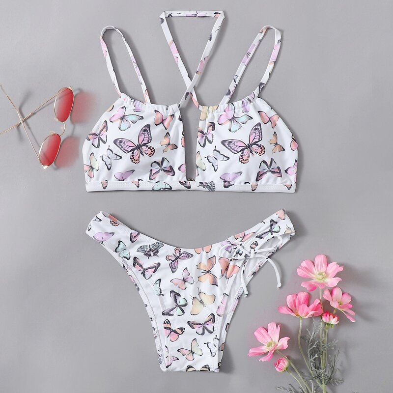 

Butterfly Print Drawstring Bikini Swimsuit, Multicolor