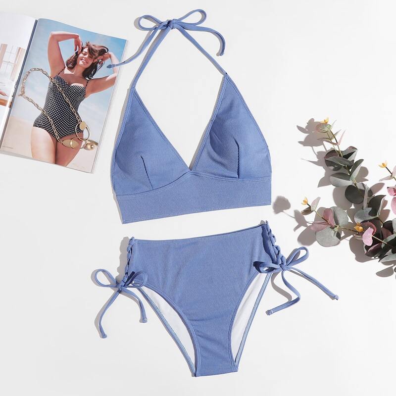 

Solid Halter Lace Up Bikini Swimsuit, Blue