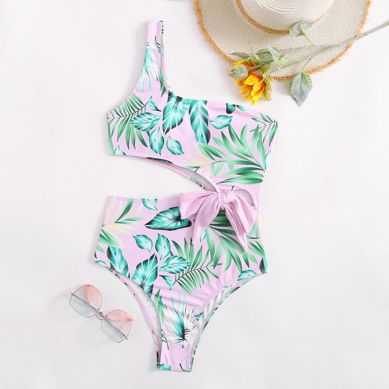 

Leaf Graphic One Shoulder Cut Out Bow One Piece Swimsuit, Multicolor