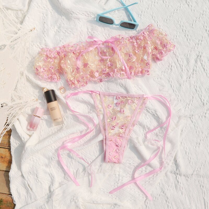 

Embroidered Mesh Self Tie Lingerie Set, Pink