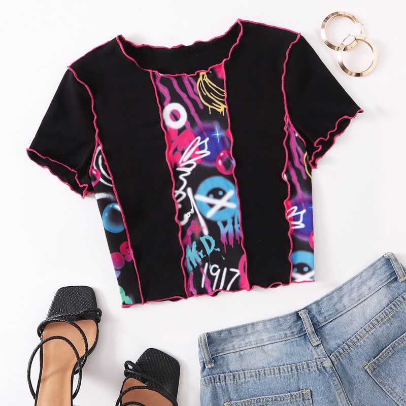

Graffiti Print Seam Front Tee, Multicolor