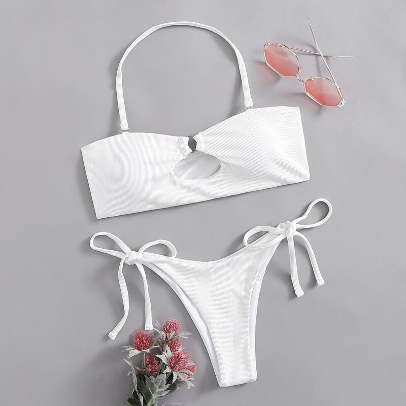 

Solid Ring Decor Cut Out Tie Side Bikini Swimsuit, White