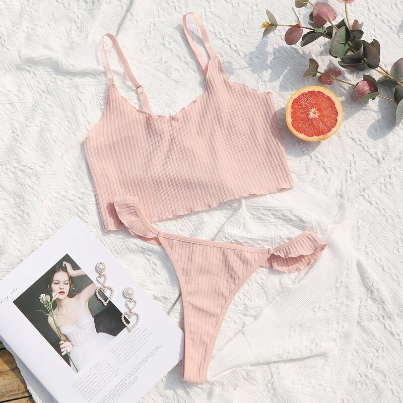 

Rib Lettuce Trim Lingerie Set, Pink