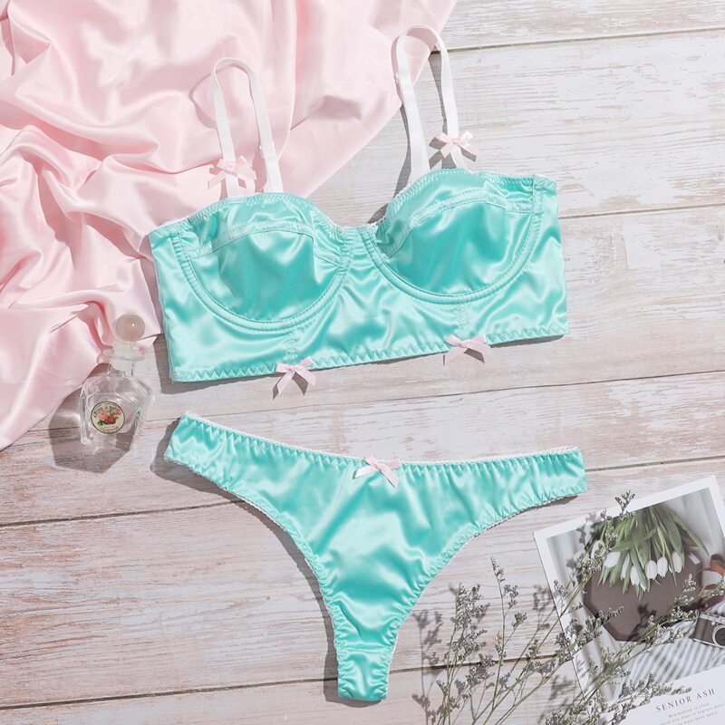 

Bow Decor Push Up Satin Lingerie Set, Mint blue