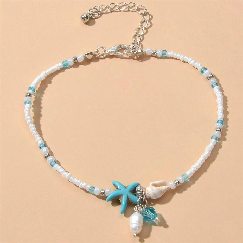 

Starfish Charm Beaded Anklet, Blue and white