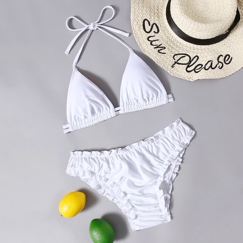 

Solid Halter Lettuce Trim Bikini Swimsuit, White