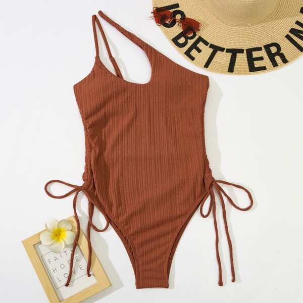 

Cut Out One Shoulder One Piece Swimsuit, Rust brown