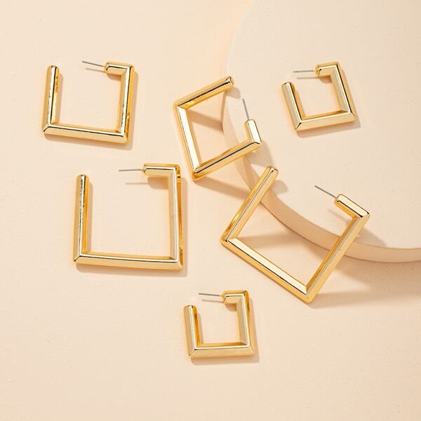 

3pairs Geo Design Cuff Hoop Earrings, Gold
