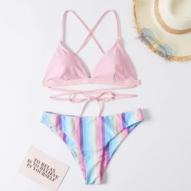 

Striped Criss Cross Triangle Bikini Swimsuit, Multicolor