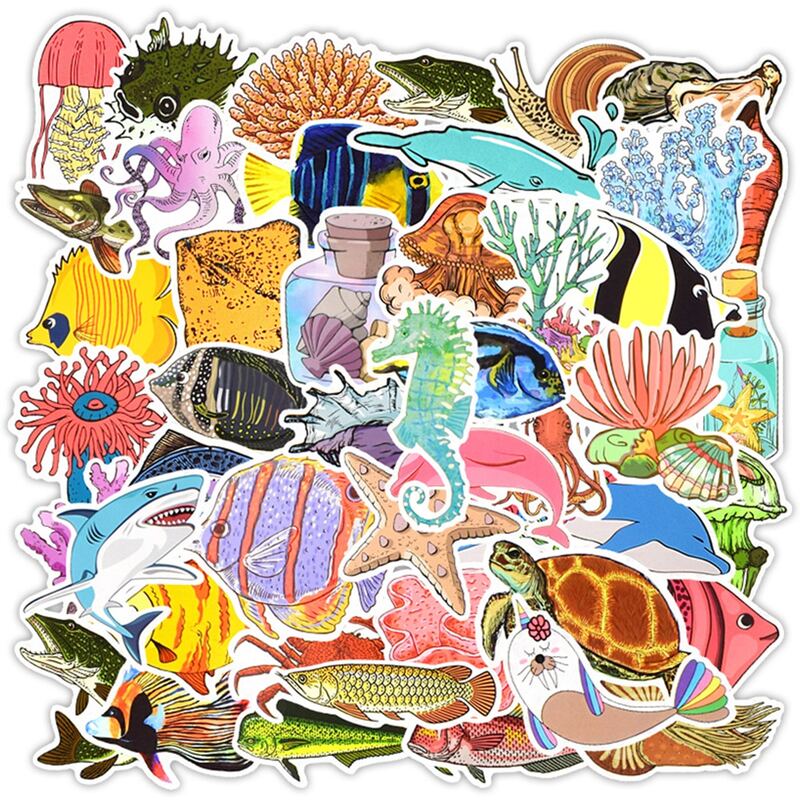 

50pcs Marine Life Print Sticker, Multicolor