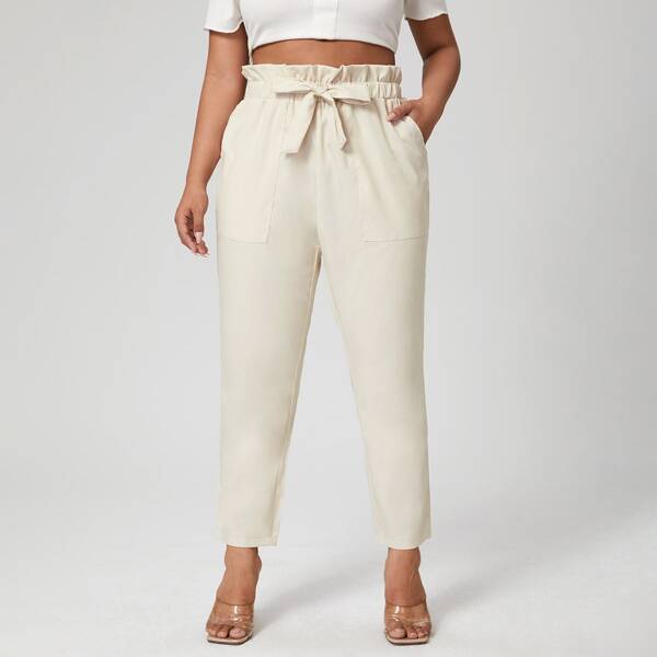 

Plus Paperbag Waist Drawstring Carrot Pants, Beige