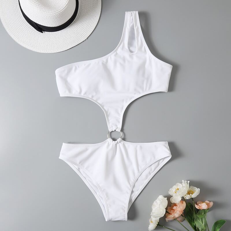 

Solid One Shoulder Ring Decor Cut Out One Piece Swimsuit, White