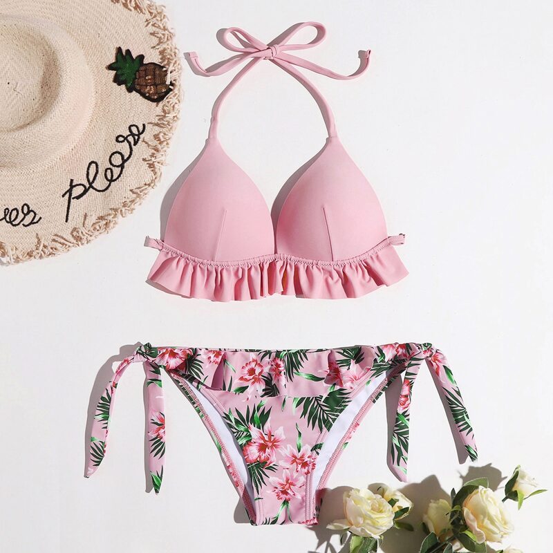 

Floral Ruffle Hem Push Up Halter Bikini Swimsuit, Pink