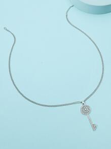 Rhinestone Key Charm Necklace - Silver - View 2