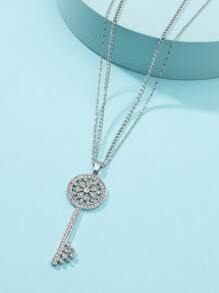 Rhinestone Key Charm Necklace - Silver - View 3