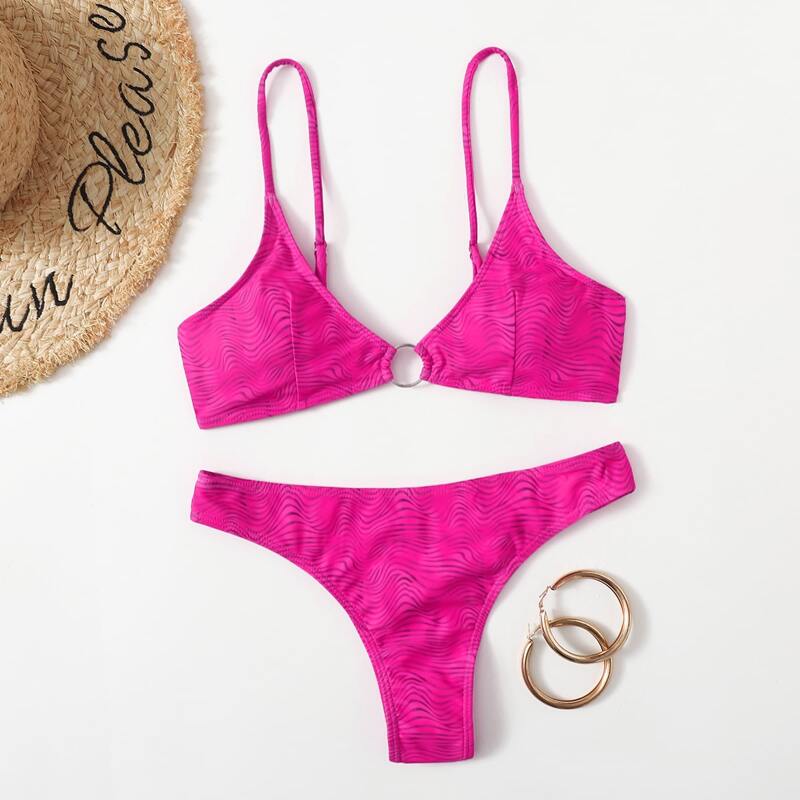 

Zebra Stripe Ring Decor Bikini Swimsuit, Hot pink