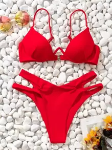 SHEIN Swim 素色比基尼套裝鋼圈扣飾後文胸和鏤空高衩下裝2入組泳衣 - 紅色 - 查看 1