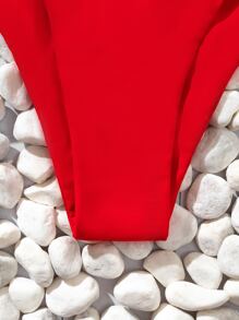 SHEIN Swim 素色比基尼套裝鋼圈扣飾後文胸和鏤空高衩下裝2入組泳衣 - 紅色 - 查看 3