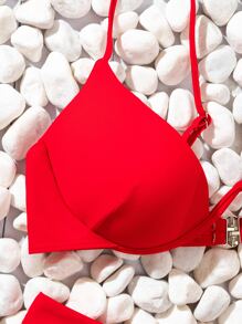 SHEIN Swim 素色比基尼套裝鋼圈扣飾後文胸和鏤空高衩下裝2入組泳衣 - 紅色 - 查看 4