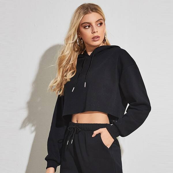 

Drawstring Drop Shoulder Hoodie, Black