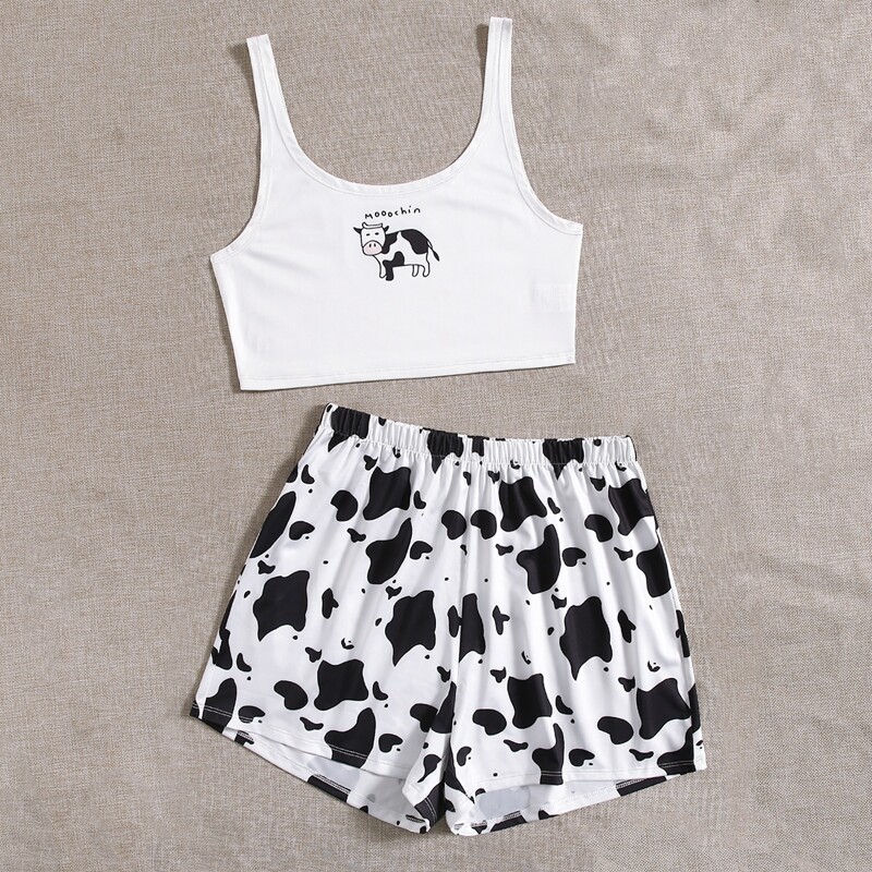 

Cow Print Tank Top PJ Set, Black and white