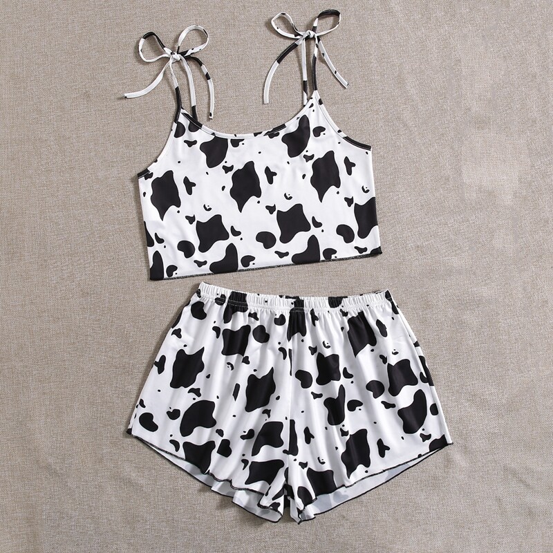 

Cow Print Tie Shoulder PJ Set, Black and white