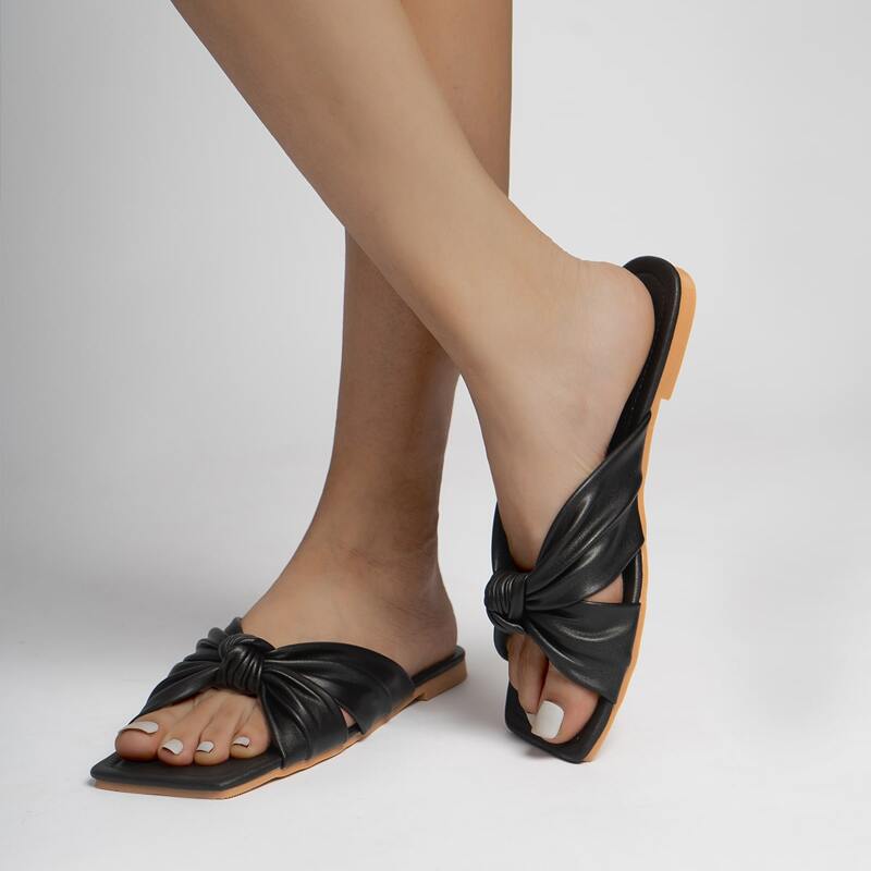 

Square Toe Knot Slide Sandals, Black