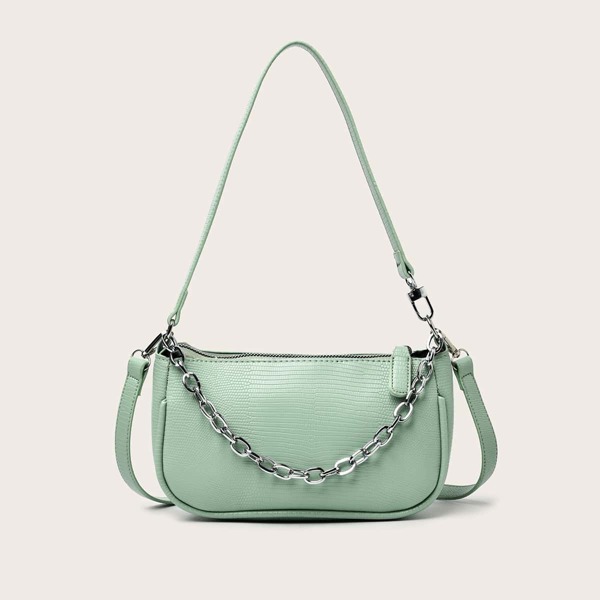 

Lizard Print Chain Baguette Bag, Green