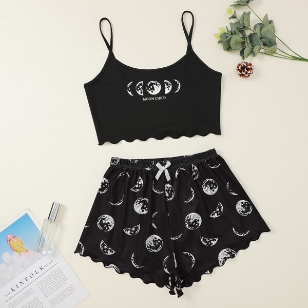 

Plus Moon And Letter Graphic Scallop Trim Pajama Set, Black