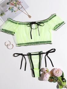 Sheer Mesh Tie Side Thong Lingerie Set - Green - View 1