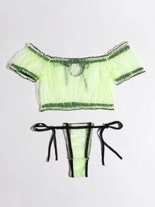 Sheer Mesh Tie Side Thong Lingerie Set - Green - View 2