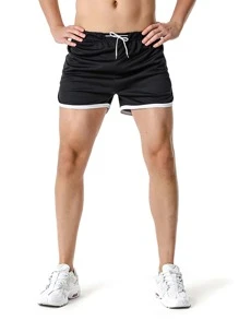 Manfinity Hombres Shorts deportivos de cintura con cordón - Negro - Ver 1