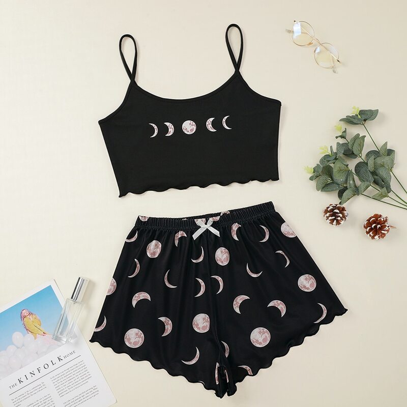 

Moon Print Crop Cami PJ Set, Black