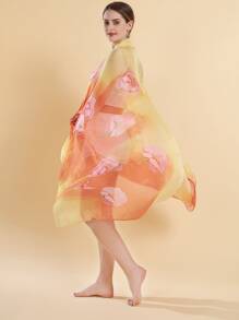 Flower Print Sheer Shawl - Multicolor - View 1