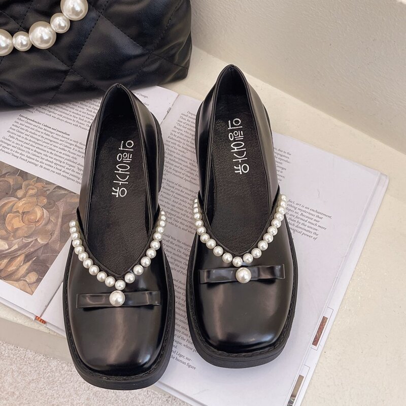 

Faux Pearl Square Toe Slip On Flats, Black