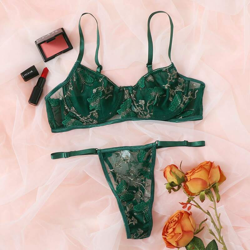 

Butterfly Embroidery Thong Lingerie Set, Green