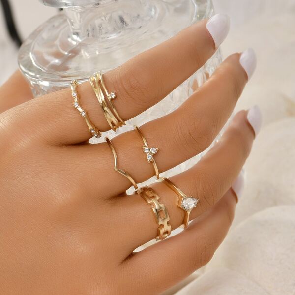 

6pcs Rhinestone Decor Ring, Gold