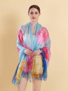 Flower Print Sheer Shawl - Multicolor - View 1