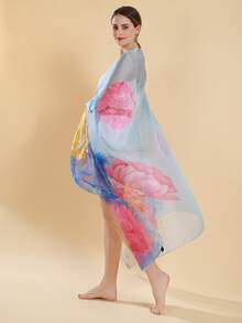 Flower Print Sheer Shawl - Multicolor - View 3