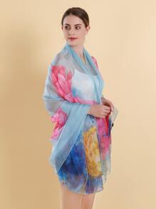Flower Print Sheer Shawl - Multicolor - View 4
