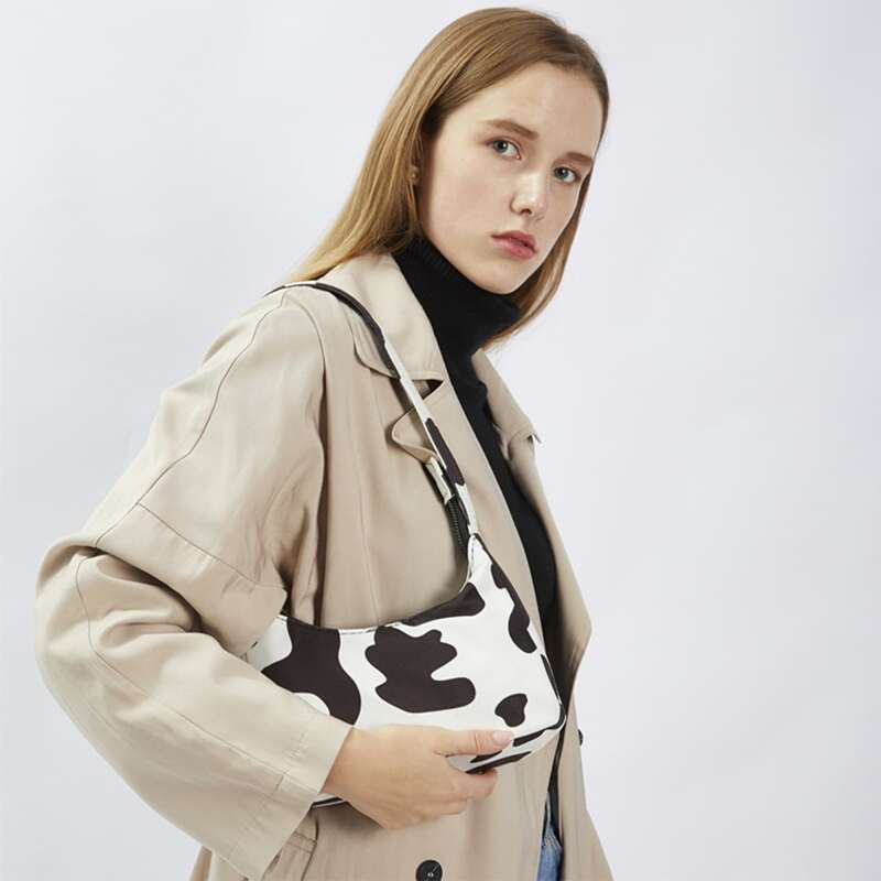 

Cow Print Baguette Bag, Black and white