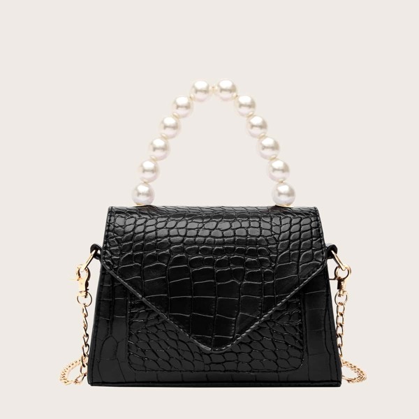 

Faux Pearl Beaded Chain Satchel Bag, Black