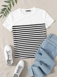 SHEIN EZwear Striped Print Tee - Black and White - View 1