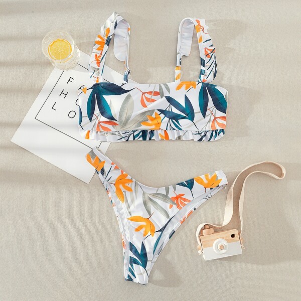 

Leaf Print Frill Trim Bikini Swimsuit, Multicolor