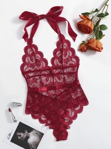 花卉蕾絲繞頸絨毛連體衣 - 酒紅色 - 查看 1