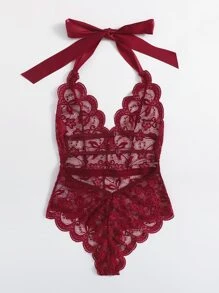 花卉蕾絲繞頸絨毛連體衣 - 酒紅色 - 查看 2